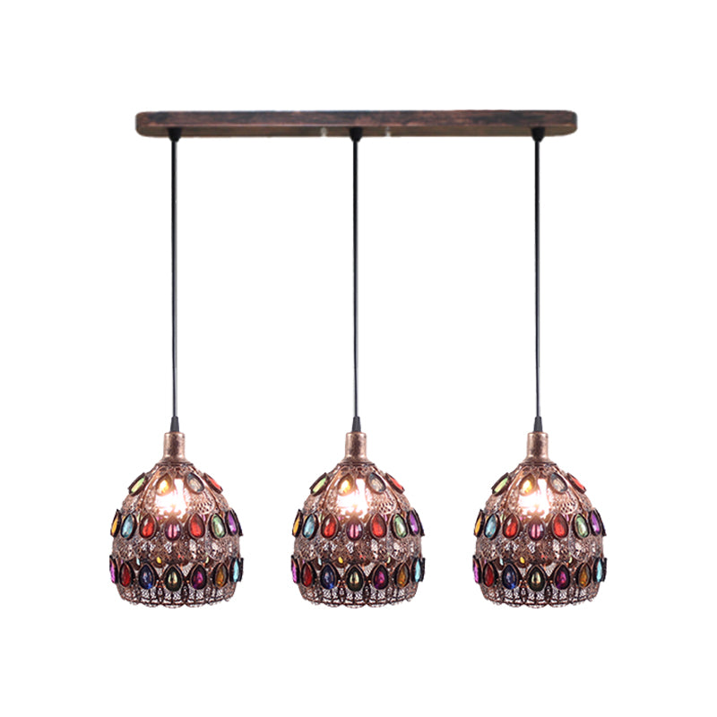 1/3-Light Dome Pendant Ceiling Fixture with Crystal Gem Bohemia Hanging Light in Weathered Copper with Round/Linear Canopy Clearhalo 'Ceiling Lights' 'Pendant Lights' 'Pendants' Lighting' 268295