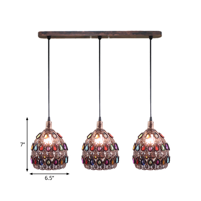 1/3-Light Dome Pendant Ceiling Fixture with Crystal Gem Bohemia Hanging Light in Weathered Copper with Round/Linear Canopy Clearhalo 'Ceiling Lights' 'Pendant Lights' 'Pendants' Lighting' 268296