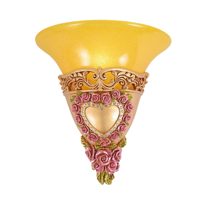 1 Bulb Trumpet Shape Sconce Light Colonial Style Yellow Glass Wall Lighting Fixture Clearhalo 'Wall Lamps & Sconces' 'Wall Lights' Lighting' 268315