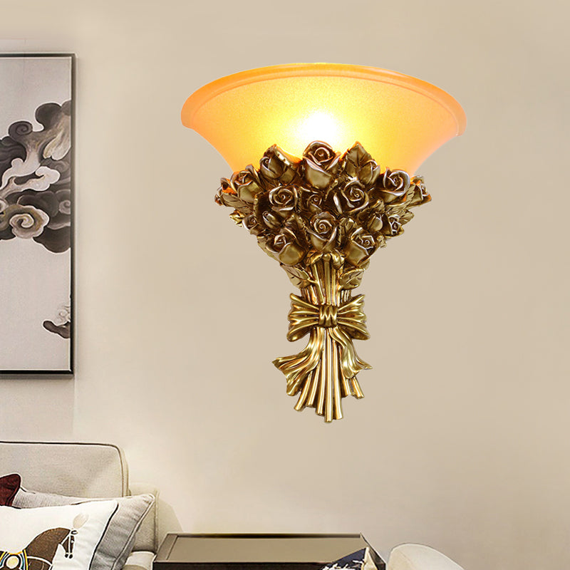 Single Light Resin Flush Wall Sconce Retro Gold Finish Rose Bouquet Wall Lamp Kit Gold Clearhalo 'Wall Lamps & Sconces' 'Wall Lights' Lighting' 268322