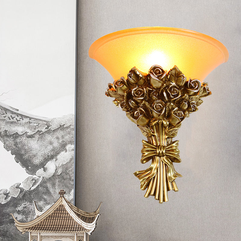 Single Light Resin Flush Wall Sconce Retro Gold Finish Rose Bouquet Wall Lamp Kit Clearhalo 'Wall Lamps & Sconces' 'Wall Lights' Lighting' 268323