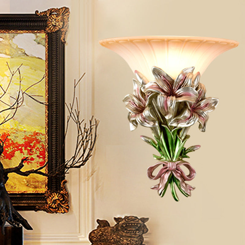 Pink/Gold 1 Light Wall Sconce Retro Resin Floral Wall Mounted Lamp with Trumpet Glass Shade Clearhalo 'Wall Lamps & Sconces' 'Wall Lights' Lighting' 268344