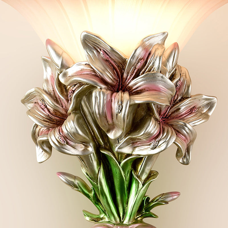 Pink/Gold 1 Light Wall Sconce Retro Resin Floral Wall Mounted Lamp with Trumpet Glass Shade Clearhalo 'Wall Lamps & Sconces' 'Wall Lights' Lighting' 268348