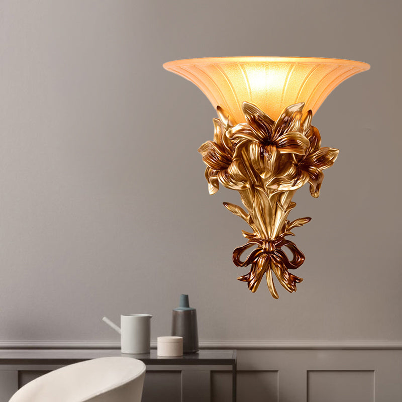 Pink/Gold 1 Light Wall Sconce Retro Resin Floral Wall Mounted Lamp with Trumpet Glass Shade Gold Clearhalo 'Wall Lamps & Sconces' 'Wall Lights' Lighting' 268349