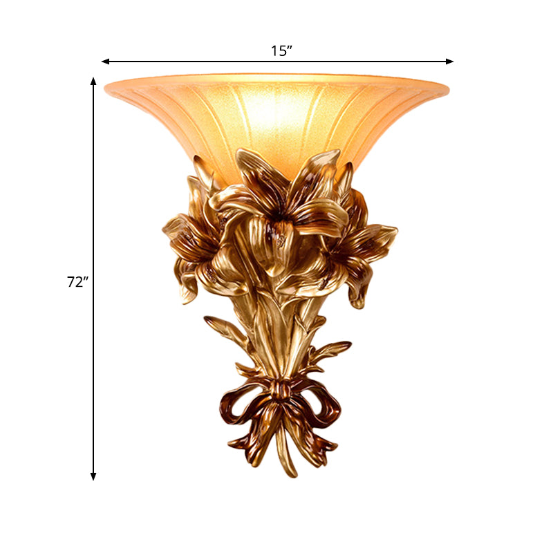 Pink/Gold 1 Light Wall Sconce Retro Resin Floral Wall Mounted Lamp with Trumpet Glass Shade Clearhalo 'Wall Lamps & Sconces' 'Wall Lights' Lighting' 268353