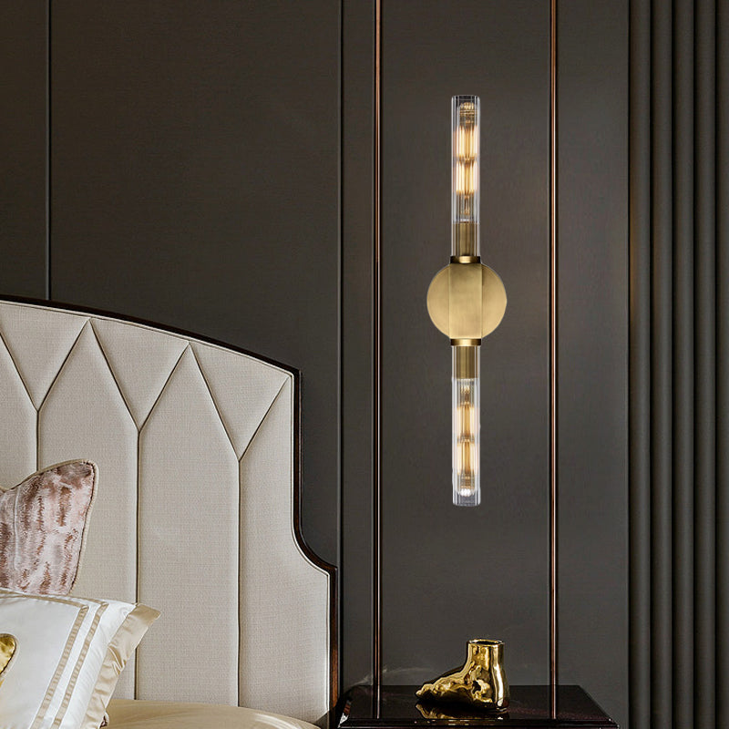 Metallic Black/Brass Sconce Light Tubular 2 Heads Retro Style Wall Lamp with Clear Glass Shade Brass Clearhalo 'Wall Lamps & Sconces' 'Wall Lights' Lighting' 268444