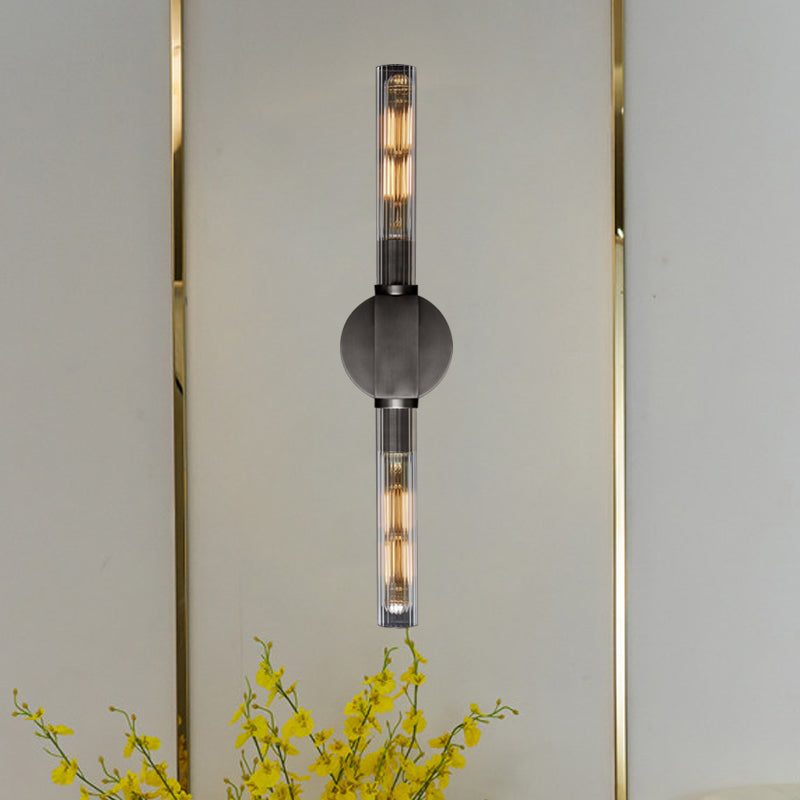 Metallic Black/Brass Sconce Light Tubular 2 Heads Retro Style Wall Lamp with Clear Glass Shade Black Clearhalo 'Wall Lamps & Sconces' 'Wall Lights' Lighting' 268449