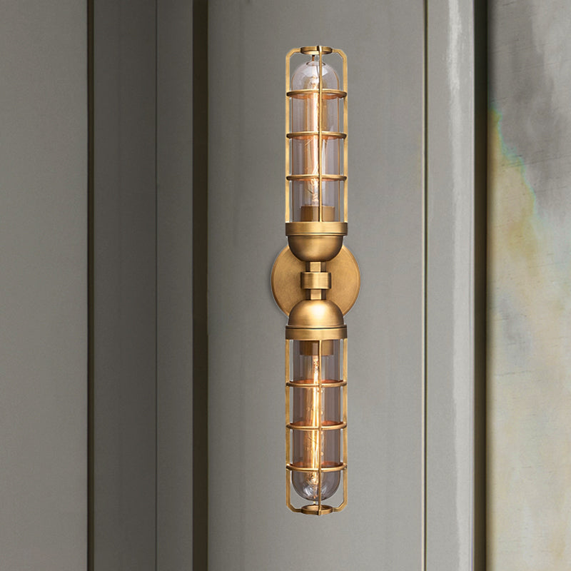 Retro Dual Cylinder Wall Mounted Light 2 Bulbs Clear Glass Sconce Lighting with Gold Metal Frame Clearhalo 'Wall Lamps & Sconces' 'Wall Lights' Lighting' 268455