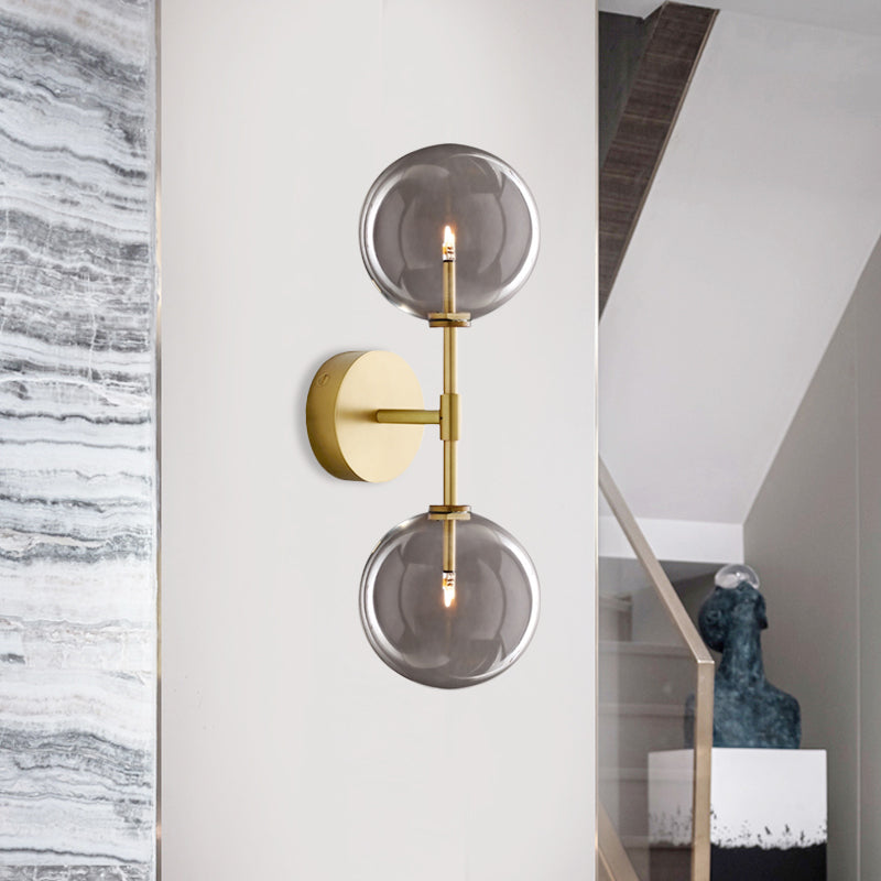 Black/Brass Finish Lever Wall Light Vintage Metallic 2 Bulbs Sconce Light Fixture with Clear/Smoke Grey Glass Shade Brass Smoke Grey Clearhalo 'Wall Lamps & Sconces' 'Wall Lights' Lighting' 268480