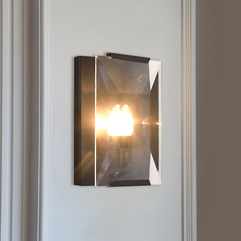 Metal Rectangle Wall Sconce Light Minimalist 1 Head Black/Brass Finish Wall Lighting with Clear/Frostwork Crystal Panel Shade Black Clear Clearhalo 'Wall Lamps & Sconces' 'Wall Lights' Lighting' 268540