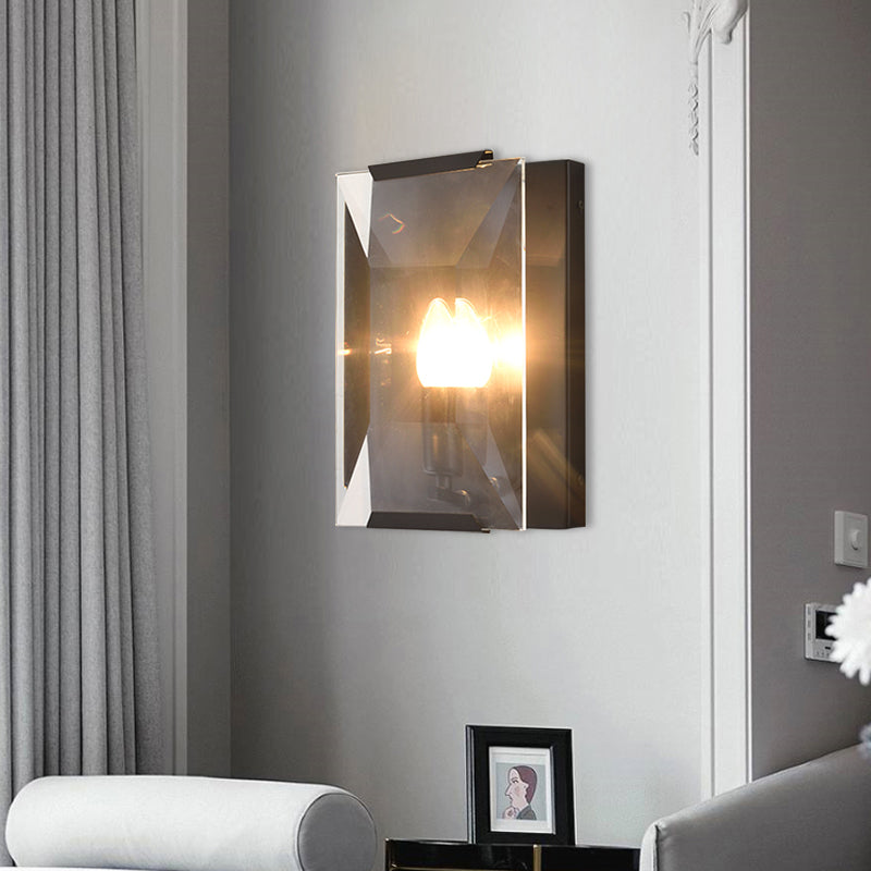 Metal Rectangle Wall Sconce Light Minimalist 1 Head Black/Brass Finish Wall Lighting with Clear/Frostwork Crystal Panel Shade Clearhalo 'Wall Lamps & Sconces' 'Wall Lights' Lighting' 268541