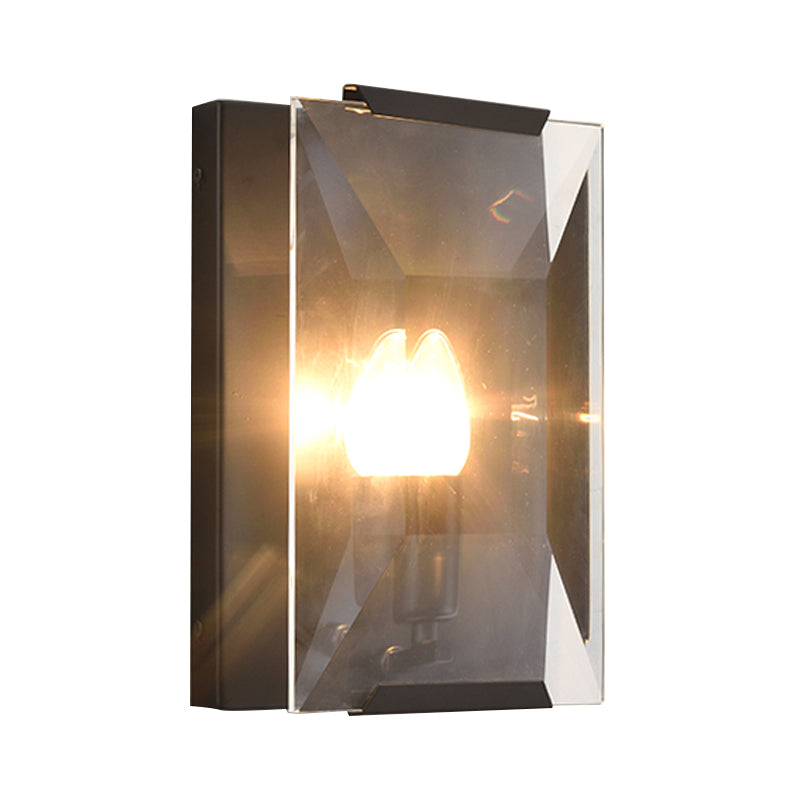 Metal Rectangle Wall Sconce Light Minimalist 1 Head Black/Brass Finish Wall Lighting with Clear/Frostwork Crystal Panel Shade Clearhalo 'Wall Lamps & Sconces' 'Wall Lights' Lighting' 268543