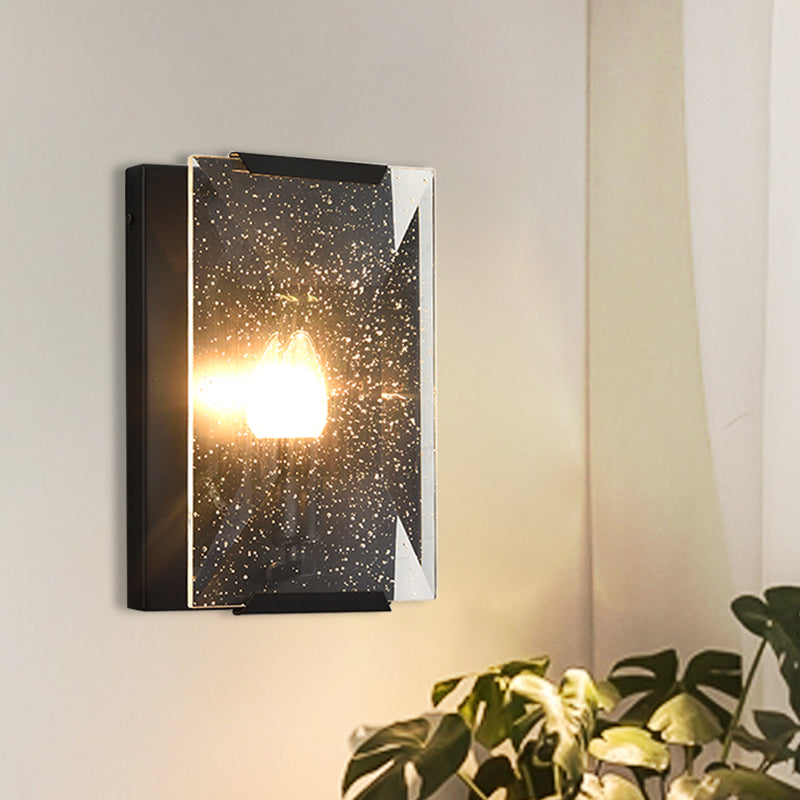 Metal Rectangle Wall Sconce Light Minimalist 1 Head Black/Brass Finish Wall Lighting with Clear/Frostwork Crystal Panel Shade Black Frostwork Clearhalo 'Wall Lamps & Sconces' 'Wall Lights' Lighting' 268545