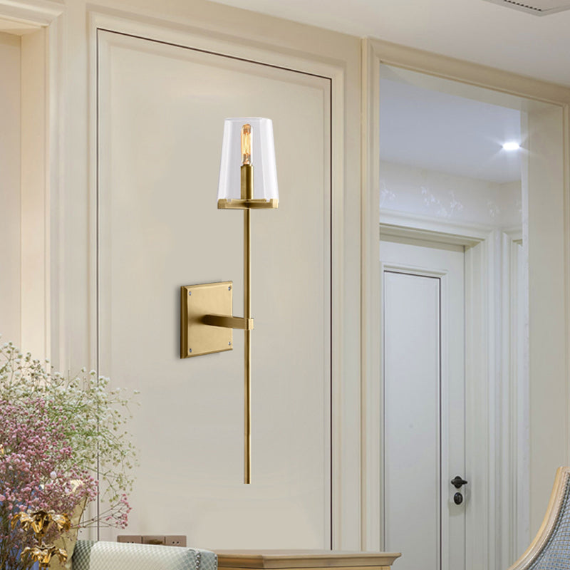 Clear Glass/White Fabric Shade Wall Sconce Tapered 1 Bulb Vintage Wall Mounted Lighting with Black/Brass Bar Brass Clear Clearhalo 'Wall Lamps & Sconces' 'Wall Lights' Lighting' 268561