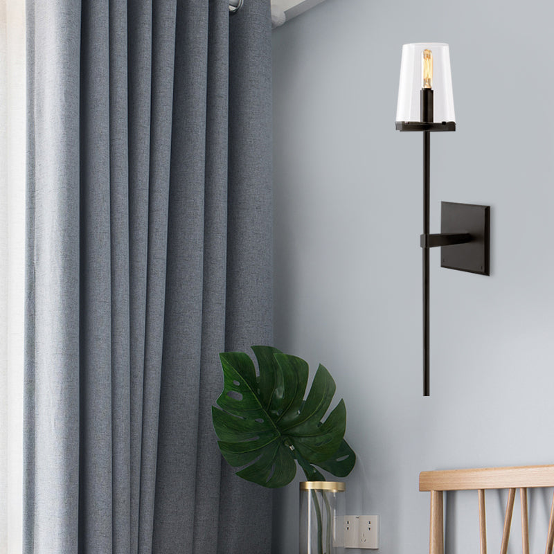 Clear Glass/White Fabric Shade Wall Sconce Tapered 1 Bulb Vintage Wall Mounted Lighting with Black/Brass Bar Clearhalo 'Wall Lamps & Sconces' 'Wall Lights' Lighting' 268567