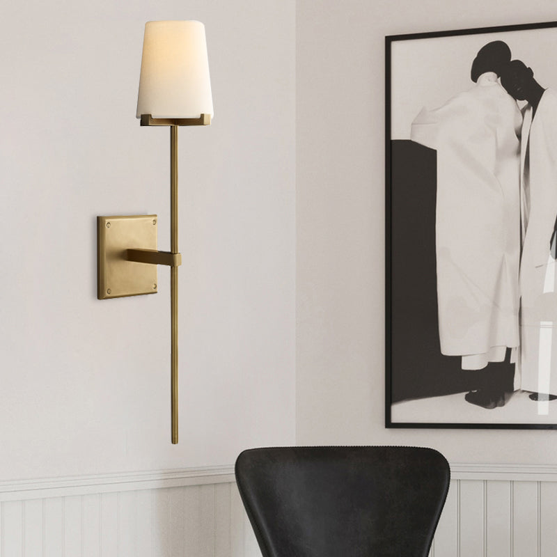 Clear Glass/White Fabric Shade Wall Sconce Tapered 1 Bulb Vintage Wall Mounted Lighting with Black/Brass Bar Brass White Clearhalo 'Wall Lamps & Sconces' 'Wall Lights' Lighting' 268571