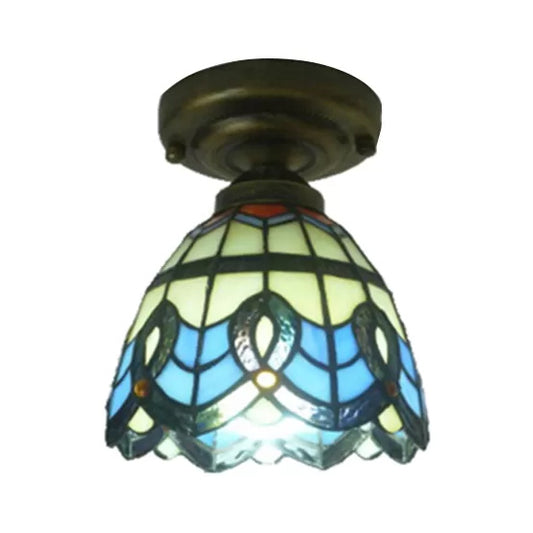 Stained Glass Ceiling Light Flush Mount, Mini Semi Flush Light in Blue with Bell Shade Baroque Style Clearhalo 'Ceiling Lights' 'Close To Ceiling Lights' 'Close to ceiling' 'Glass shade' 'Glass' 'Semi-flushmount' 'Tiffany close to ceiling' 'Tiffany' Lighting' 2685
