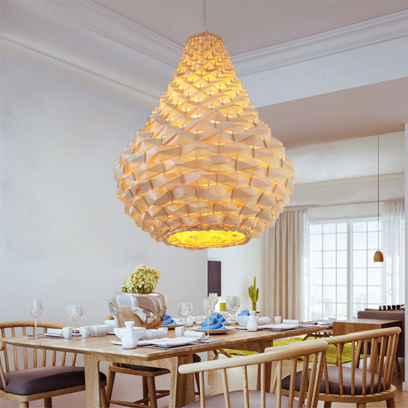 12"/14"/16" Wide Wood Teardrop/Globe/Dome Drop Light Chinese Single Bulb Beige Hanging Pendant for Dining Room Clearhalo 'Ceiling Lights' 'Pendant Lights' 'Pendants' Lighting' 268616