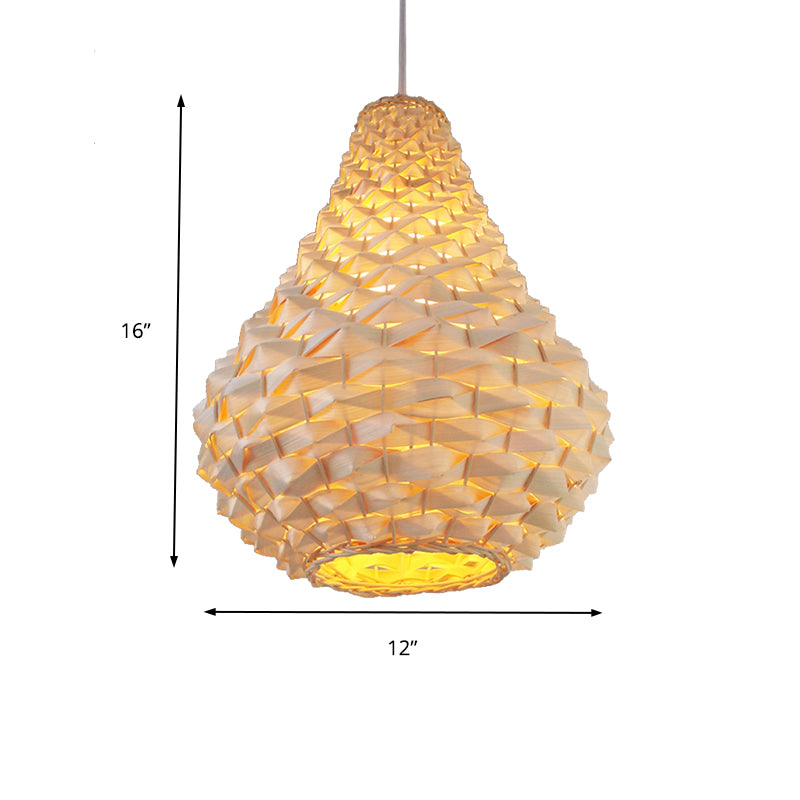 12"/14"/16" Wide Wood Teardrop/Globe/Dome Drop Light Chinese Single Bulb Beige Hanging Pendant for Dining Room Clearhalo 'Ceiling Lights' 'Pendant Lights' 'Pendants' Lighting' 268619