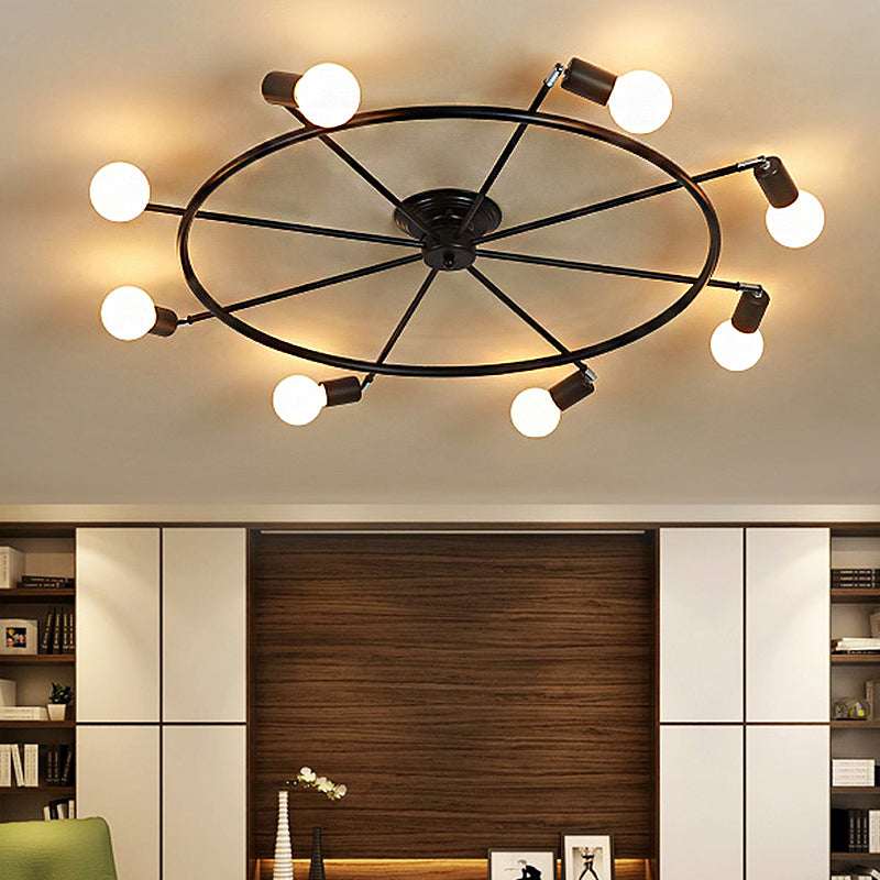 Black Wheel Semi Flush Light Traditional Metal 8 Lights Living Room Ceiling Mounted Fixture Clearhalo 'Ceiling Lights' 'Close To Ceiling Lights' 'Close to ceiling' 'Semi-flushmount' Lighting' 268656