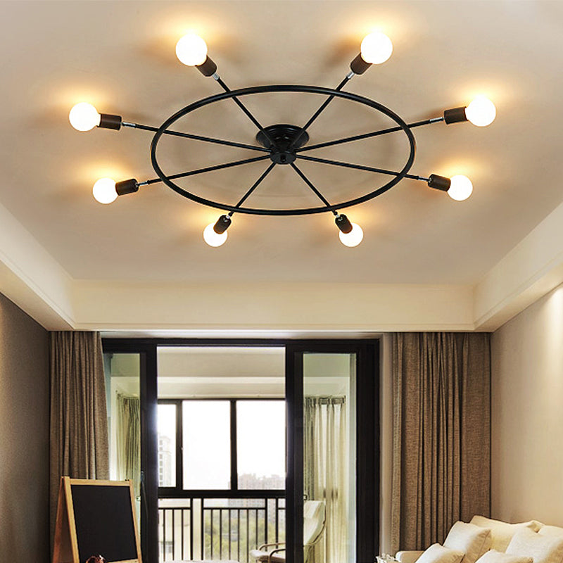 Black Wheel Semi Flush Light Traditional Metal 8 Lights Living Room Ceiling Mounted Fixture Clearhalo 'Ceiling Lights' 'Close To Ceiling Lights' 'Close to ceiling' 'Semi-flushmount' Lighting' 268657