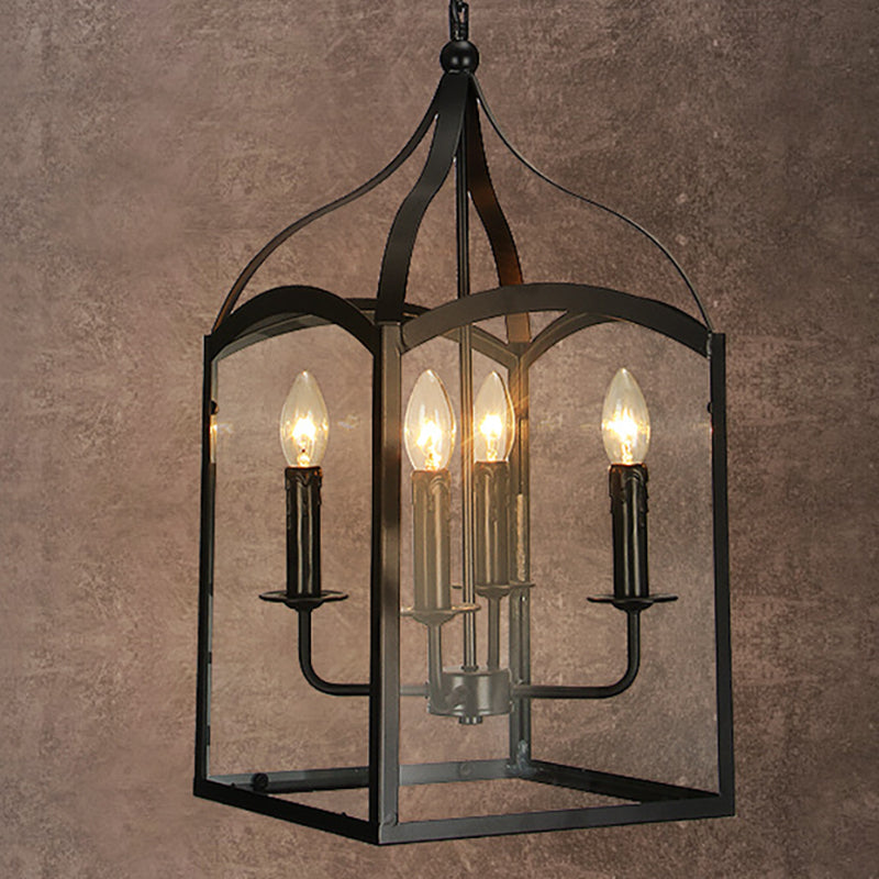 Wire Cage Indoor Chandelier Pendant Light Industrial Style Metal 4 Heads Black Hanging Lamp with Glass Panes Clearhalo 'Ceiling Lights' 'Chandeliers' Lighting' options 268666