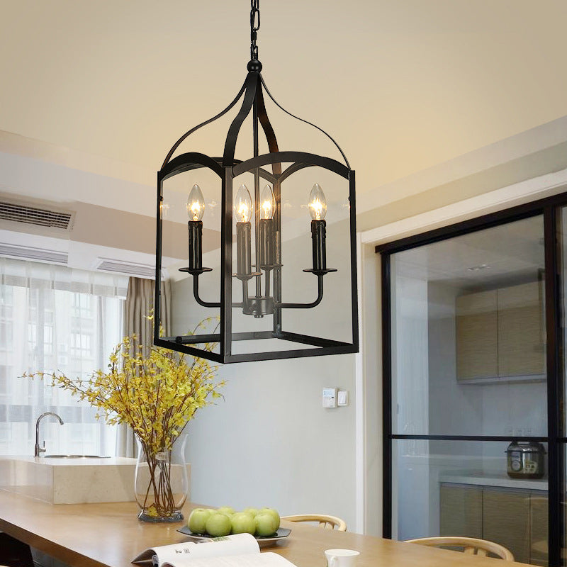 Wire Cage Indoor Chandelier Pendant Light Industrial Style Metal 4 Heads Black Hanging Lamp with Glass Panes Clearhalo 'Ceiling Lights' 'Chandeliers' Lighting' options 268667