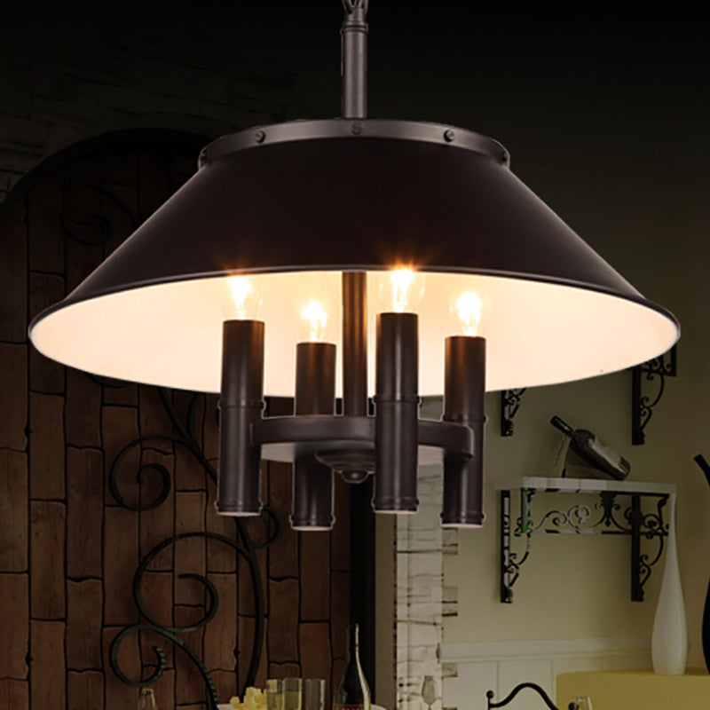 4 Lights Chandelier Lighting with Conic Shade Metallic Farmhouse Style Dining Room Hanging Lamp in Black Clearhalo 'Ceiling Lights' 'Chandeliers' Lighting' options 268672