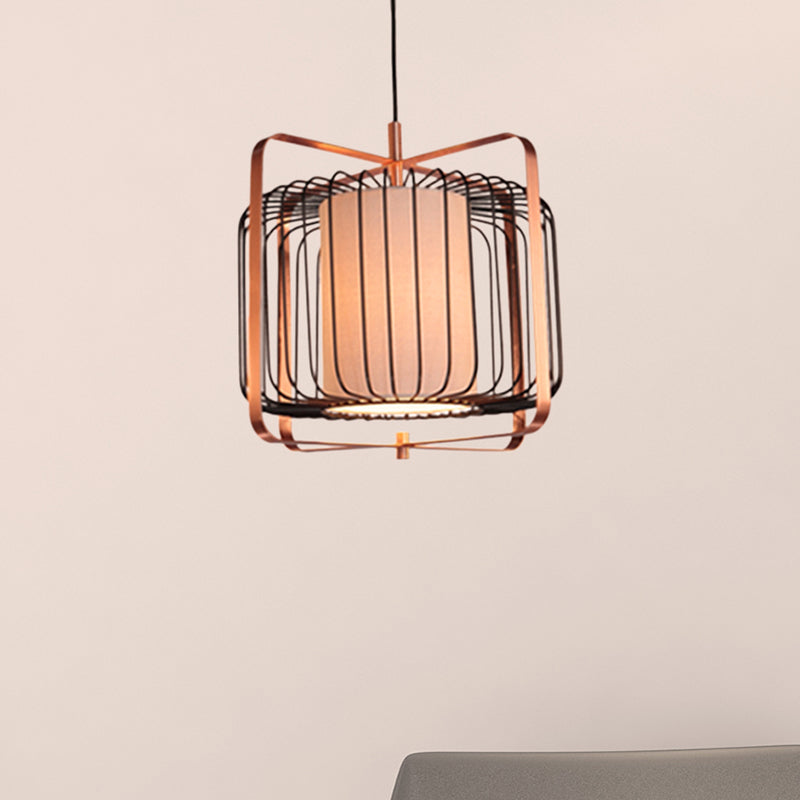 Cylinder/Barrel/Drum Cage Metal Pendant Light Fixture Vintage 1 Light Living Room Black Hanging Lighting with Inner Fabric Shade Clearhalo 'Ceiling Lights' 'Pendant Lights' 'Pendants' Lighting' 268693