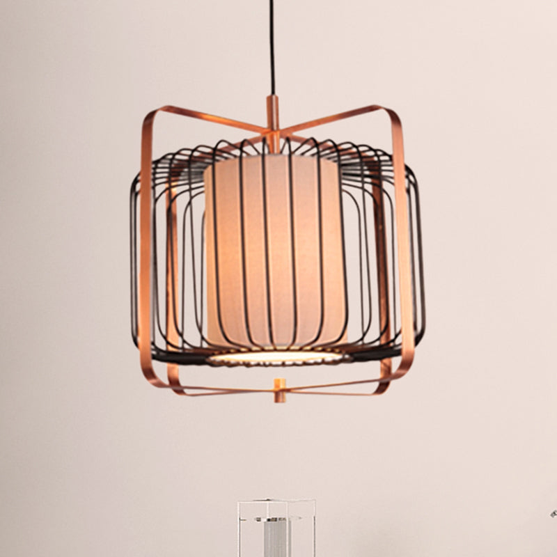 Cylinder/Barrel/Drum Cage Metal Pendant Light Fixture Vintage 1 Light Living Room Black Hanging Lighting with Inner Fabric Shade Clearhalo 'Ceiling Lights' 'Pendant Lights' 'Pendants' Lighting' 268694