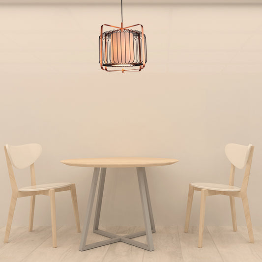 Cylinder/Barrel/Drum Cage Metal Pendant Light Fixture Vintage 1 Light Living Room Black Hanging Lighting with Inner Fabric Shade Clearhalo 'Ceiling Lights' 'Pendant Lights' 'Pendants' Lighting' 268695