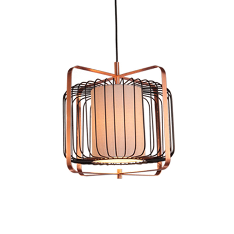 Cylinder/Barrel/Drum Cage Metal Pendant Light Fixture Vintage 1 Light Living Room Black Hanging Lighting with Inner Fabric Shade Clearhalo 'Ceiling Lights' 'Pendant Lights' 'Pendants' Lighting' 268696