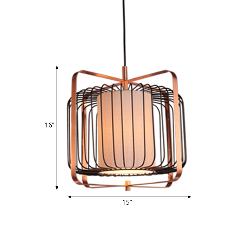 Cylinder/Barrel/Drum Cage Metal Pendant Light Fixture Vintage 1 Light Living Room Black Hanging Lighting with Inner Fabric Shade Clearhalo 'Ceiling Lights' 'Pendant Lights' 'Pendants' Lighting' 268697