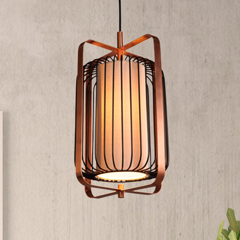 Cylinder/Barrel/Drum Cage Metal Pendant Light Fixture Vintage 1 Light Living Room Black Hanging Lighting with Inner Fabric Shade Black Cylinder Clearhalo 'Ceiling Lights' 'Pendant Lights' 'Pendants' Lighting' 268699_efc3924a-fb2c-46db-be67-887b4d43b6b5