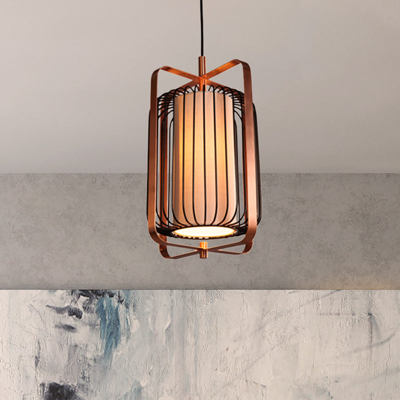 Cylinder/Barrel/Drum Cage Metal Pendant Light Fixture Vintage 1 Light Living Room Black Hanging Lighting with Inner Fabric Shade Clearhalo 'Ceiling Lights' 'Pendant Lights' 'Pendants' Lighting' 268700