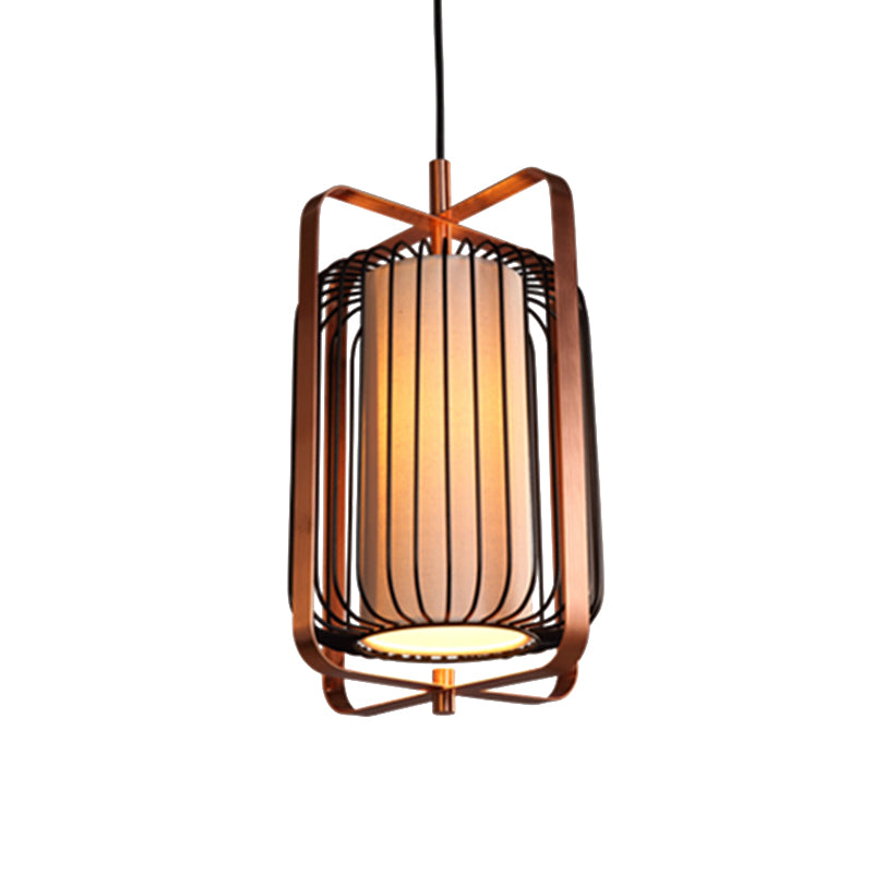 Cylinder/Barrel/Drum Cage Metal Pendant Light Fixture Vintage 1 Light Living Room Black Hanging Lighting with Inner Fabric Shade Clearhalo 'Ceiling Lights' 'Pendant Lights' 'Pendants' Lighting' 268702