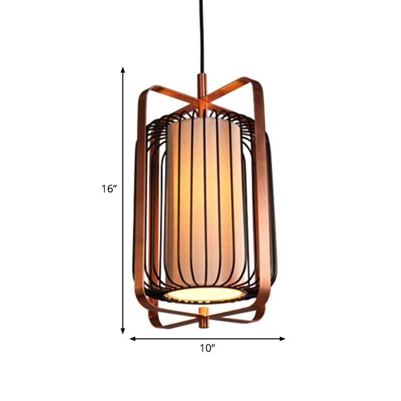 Cylinder/Barrel/Drum Cage Metal Pendant Light Fixture Vintage 1 Light Living Room Black Hanging Lighting with Inner Fabric Shade Clearhalo 'Ceiling Lights' 'Pendant Lights' 'Pendants' Lighting' 268703