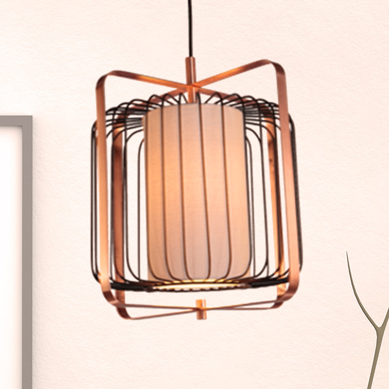 Cylinder/Barrel/Drum Cage Metal Pendant Light Fixture Vintage 1 Light Living Room Black Hanging Lighting with Inner Fabric Shade Black Barrel Clearhalo 'Ceiling Lights' 'Pendant Lights' 'Pendants' Lighting' 268704_f0190fde-a0f6-4d72-aa5c-64c9912fdccd