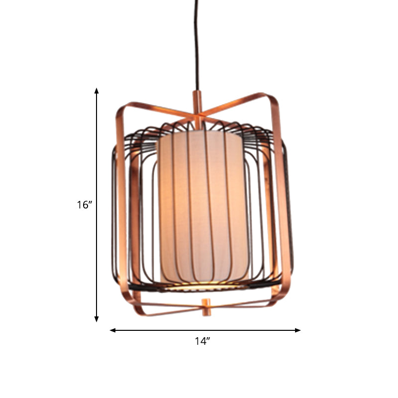 Cylinder/Barrel/Drum Cage Metal Pendant Light Fixture Vintage 1 Light Living Room Black Hanging Lighting with Inner Fabric Shade Clearhalo 'Ceiling Lights' 'Pendant Lights' 'Pendants' Lighting' 268708