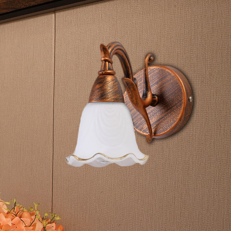 1/2/3-Head Wall Mounted Light Traditional Style Petal Shade Frosted Glass and Metal Wall Lighting in Copper/White 1.0 Copper Clearhalo 'Wall Lamps & Sconces' 'Wall Lights' Lighting' 268723