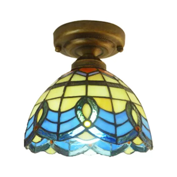 Stained Glass Ceiling Light Flush Mount, Mini Semi Flush Light in Blue with Bell Shade Baroque Style Clearhalo 'Ceiling Lights' 'Close To Ceiling Lights' 'Close to ceiling' 'Glass shade' 'Glass' 'Semi-flushmount' 'Tiffany close to ceiling' 'Tiffany' Lighting' 2688