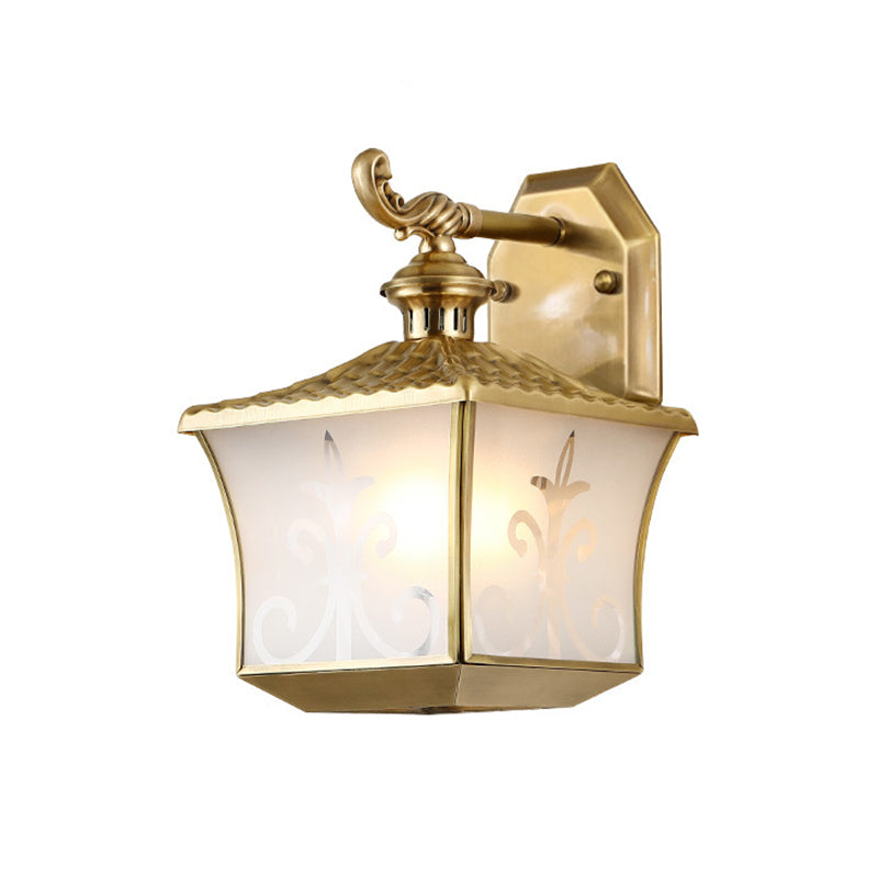 1 Bulb Lantern Wall Lamp Vintage Metal Sconce Lighting Fixture in Brass for Balcony Clearhalo 'Wall Lamps & Sconces' 'Wall Lights' Lighting' 268895