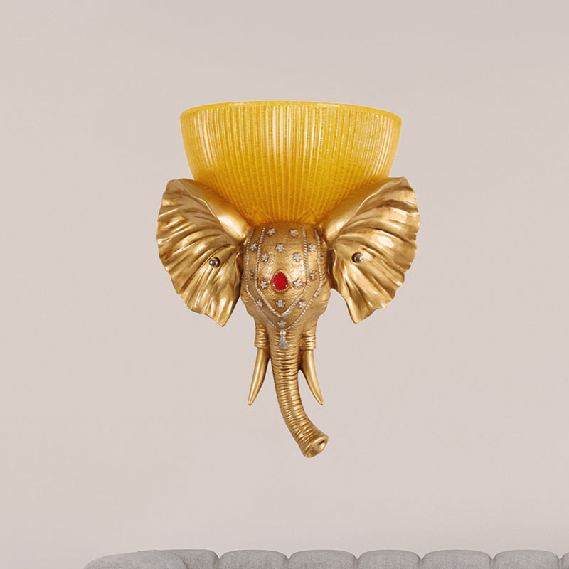 Colonial Bowl Wall Mount Lighting Amber Glass 1 Head Wall Mounted Lamp with White/Gold Elephant Nose toward Left/Right Gold Right Clearhalo 'Wall Lamps & Sconces' 'Wall Lights' Lighting' 268902