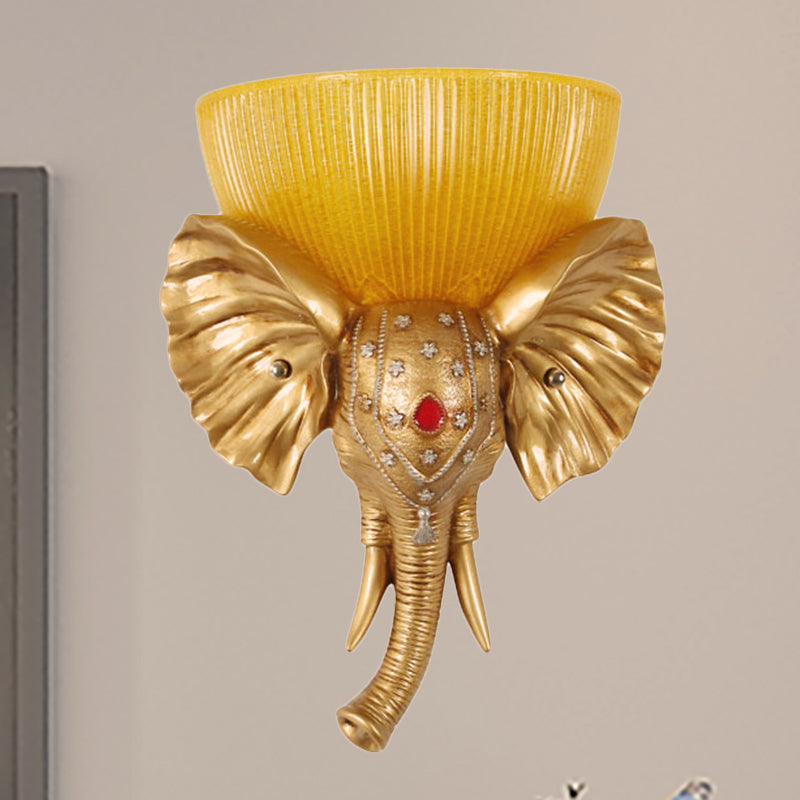 Colonial Bowl Wall Mount Lighting Amber Glass 1 Head Wall Mounted Lamp with White/Gold Elephant Nose toward Left/Right Gold Left Clearhalo 'Wall Lamps & Sconces' 'Wall Lights' Lighting' 268907