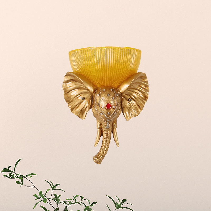 Colonial Bowl Wall Mount Lighting Amber Glass 1 Head Wall Mounted Lamp with White/Gold Elephant Nose toward Left/Right Clearhalo 'Wall Lamps & Sconces' 'Wall Lights' Lighting' 268908