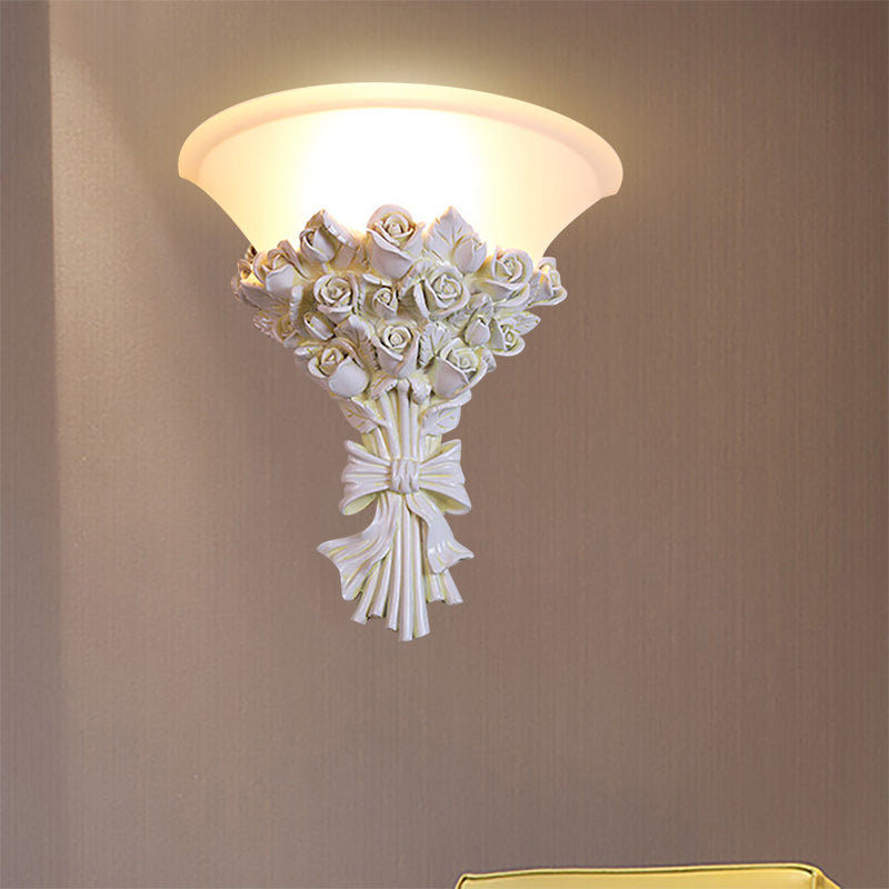 Cone Wall Lighting Colonialist White Glass 1 Head Sconce Light Fixture with Flower Resin Decoration for Living Room White Clearhalo 'Wall Lamps & Sconces' 'Wall Lights' Lighting' 268939