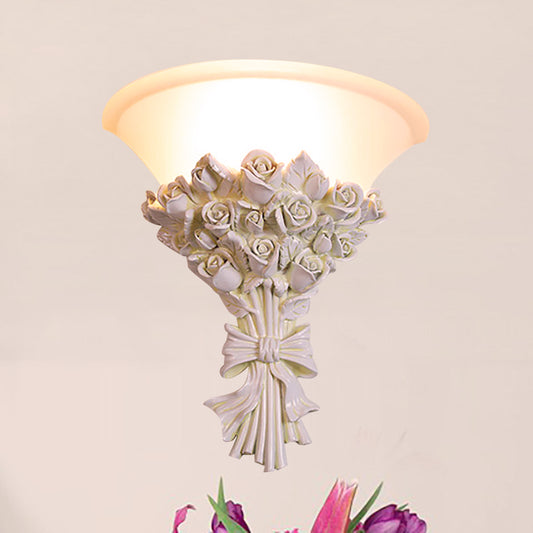 Cone Wall Lighting Colonialist White Glass 1 Head Sconce Light Fixture with Flower Resin Decoration for Living Room Clearhalo 'Wall Lamps & Sconces' 'Wall Lights' Lighting' 268940