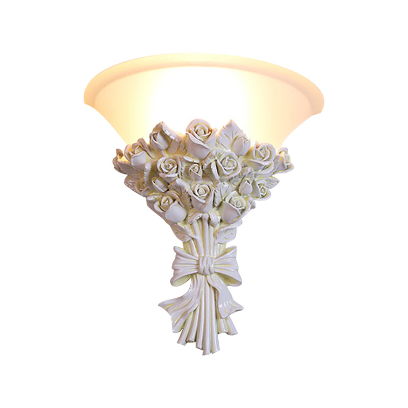 Cone Wall Lighting Colonialist White Glass 1 Head Sconce Light Fixture with Flower Resin Decoration for Living Room Clearhalo 'Wall Lamps & Sconces' 'Wall Lights' Lighting' 268942