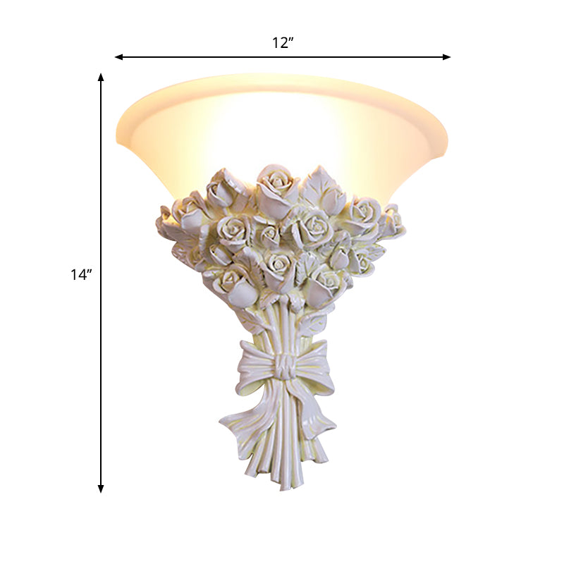 Cone Wall Lighting Colonialist White Glass 1 Head Sconce Light Fixture with Flower Resin Decoration for Living Room Clearhalo 'Wall Lamps & Sconces' 'Wall Lights' Lighting' 268943