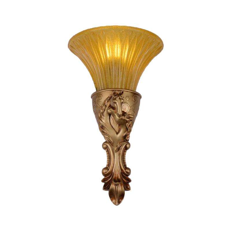 White/Gold Carved Sconce Lamp Colonization Metal 1 Bulb Wall Lighting Fixture with Flared Amber Glass Shade Clearhalo 'Wall Lamps & Sconces' 'Wall Lights' Lighting' 268953